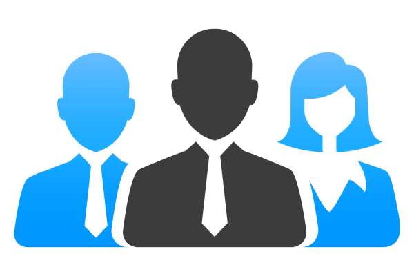 Icon with two blue business people standing either side behind grey front person
