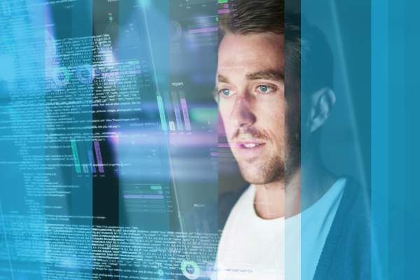 Man looking at futuristic interface showing people analytics data